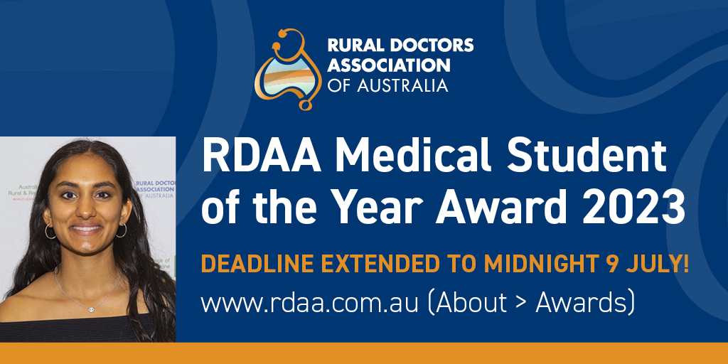 RuralDoctorsAus's tweet photo. Great news! We've extended our Awards deadline to midnight Sun 9 July to provide more time to nominate an awesome Rural Doctor, Rural Doctor in Training and/or Medical Student of the Year! Deets: https://t.co/rgCCjRzNm7 #medtwitter #MedStudentTwitter #juniordoc #destinationrural https://t.co/i8nqFV0WIh