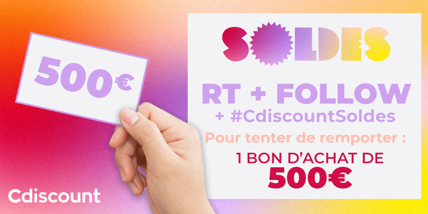 🎁 #Concours 
Lancement des SOLDES sur Cdiscount 👉 bit.ly/2J6nTT2

Tentez de remporter un bon d'achat de 500€ pour en profiter :

🔶 RT + FOLLOW <a href="/Cdiscount/">Cdiscount</a>
🔶 TWEET avec #CdiscountSoldes

🍀 TAS le 04/07
