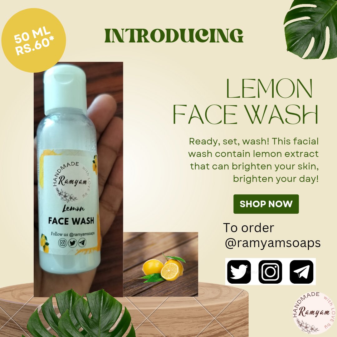 ramyamsoaps's tweet photo. We are very happy to introduce our face wash series.

Starting with lemon wash...
Getting good reviews..
For orders and queries please DM us.
#ramyamsoaps #lemonfacewash https://t.co/HSh0qGdhS7