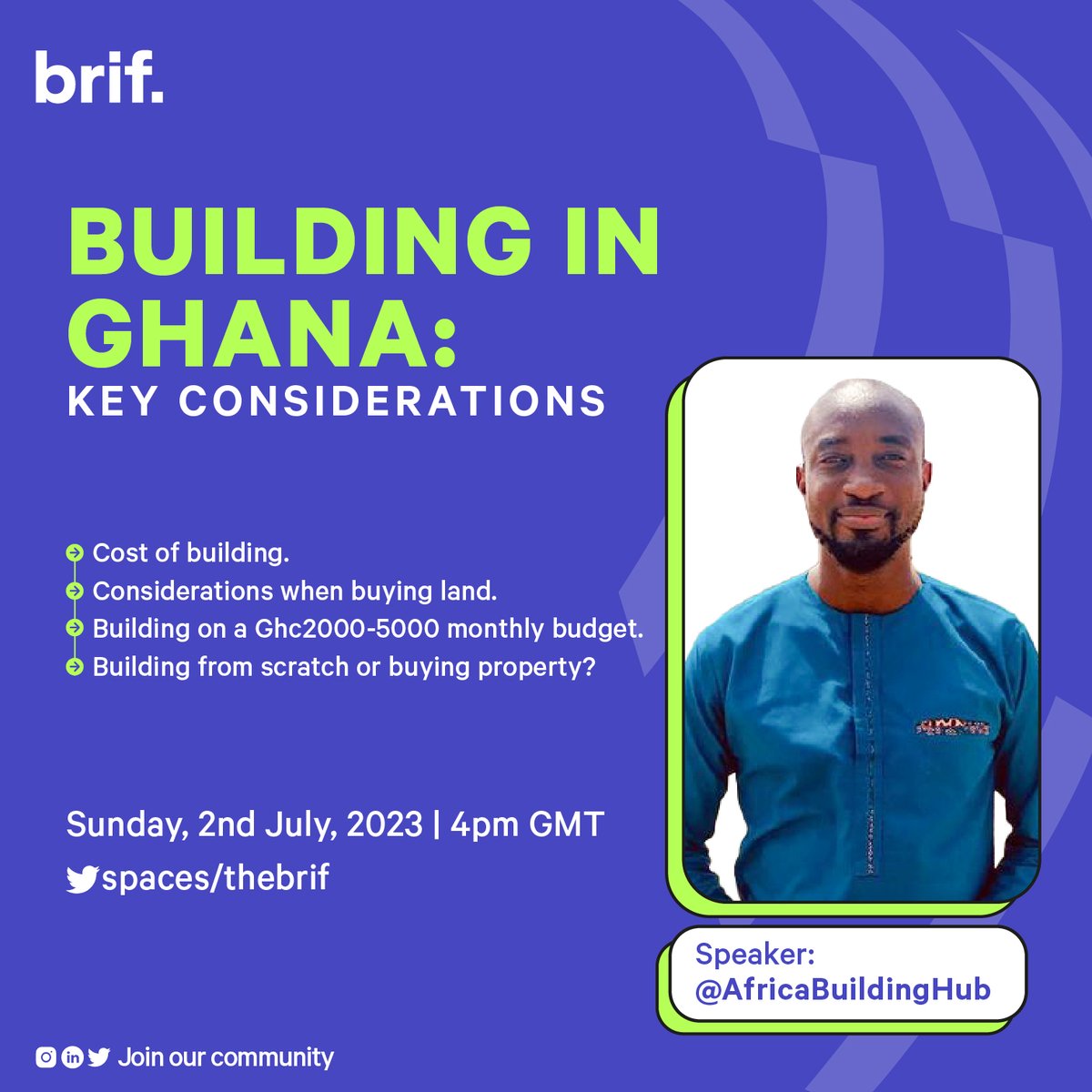 Set a reminder for upcoming Space

Building In Ghana; Key Considerations

1. Cost of Building
2. Considerations when buying Land
3. Building on Ghc 2000-5000 monthly budget
4. Building from scratch or buying finished property

#buildinginGhana

twitter.com/theBrifNetwork…