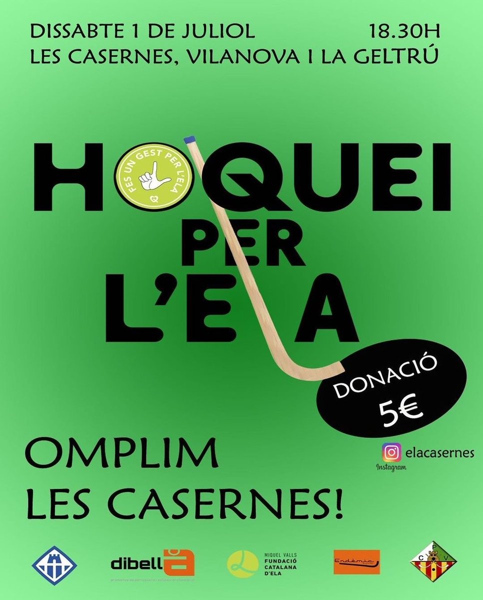 🏑🥅 HOQUEI PER L'ELA 

📆 Dissabte, 1 de juliol de

🕡 18.30 a 20 h

📍Pavelló Municipal d'Esports. Plaça de les Casernes

🎫 Entrada 5€ (import íntegre destinat a la investigació)

👉🏼 Organitza: <a href="/cpvilanova/">CLUB PATÍ VILANOVA</a>

ℹ️ Més info a:
vilanova.cat/agenda/detall?…

_
#VilanovailaGeltrú #VNG