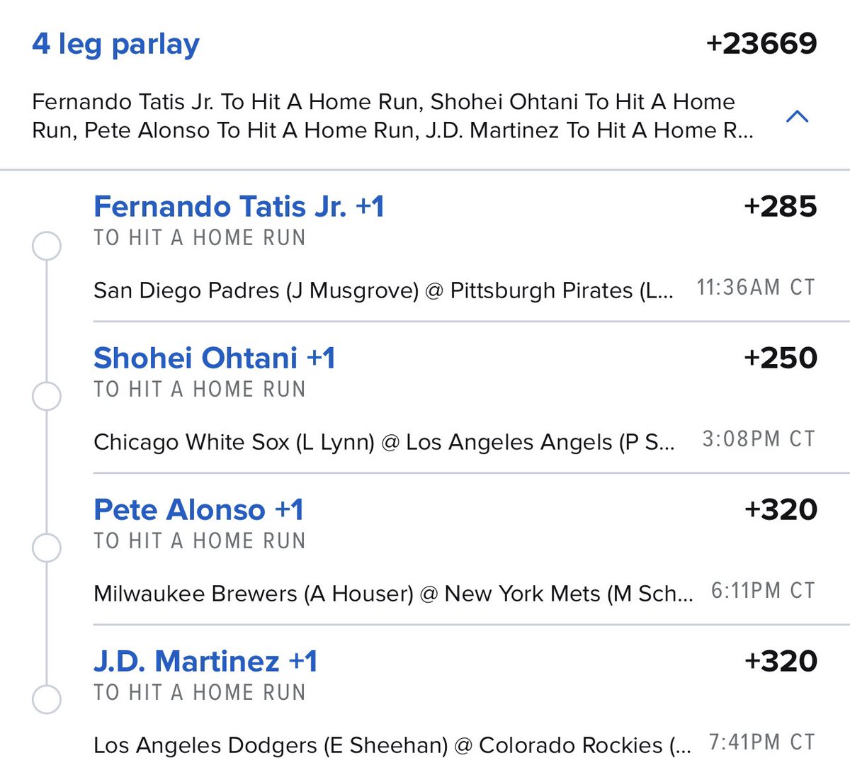 BeauLWagner's tweet photo. Let’s do +23669 eh?

All guys I have on my Dinger Watchlist📝

Let’s have a day #GamblingTwitter 🌺 https://t.co/tqtq21xuCj