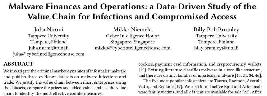NISEC (@nisec_tau) on Twitter photo Congrats to Juha Nurmi and <a href="/mikkosniemela/">Mikko S. Niemelä</a>! "Malware Finances and Operations: a Data-Driven Study of the Value Chain for Infections and Compromised Access" accepted to IWCC '23. Read more about real malware infections and following the money in the preprint doi.org/10.48550/arXiv… Congrats to Juha Nurmi and <a href="/mikkosniemela/">Mikko S. Niemelä</a>! "Malware Finances and Operations: a Data-Driven Study of the Value Chain for Infections and Compromised Access" accepted to IWCC '23. Read more about real malware infections and following the money in the preprint doi.org/10.48550/arXiv…