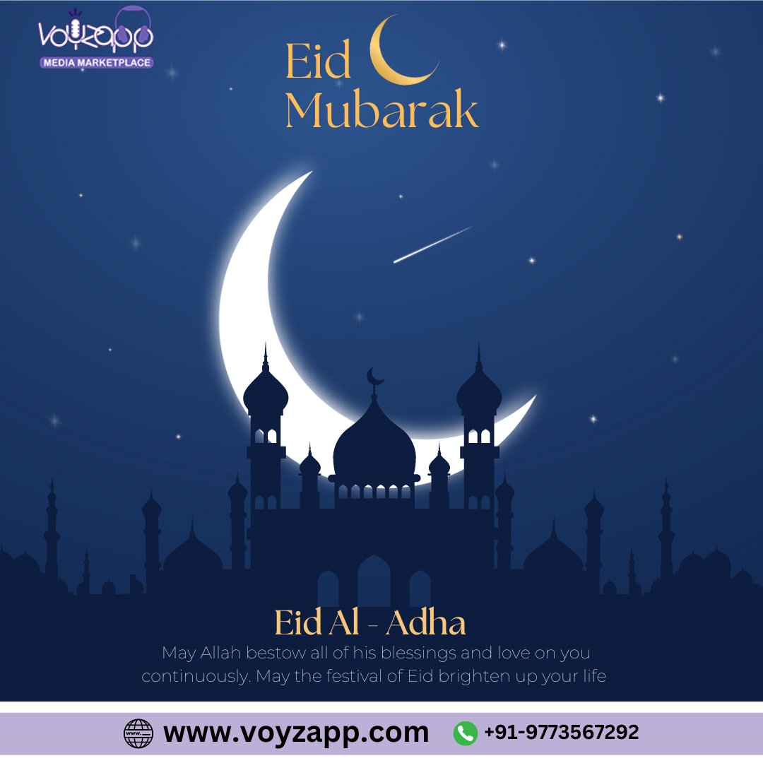 The Voyzapp family wishes you all a blessed and joyous Eid. May this Eid ul Adha bring peace, prosperity, and happiness to you and your family! voyzapp.com #voyzapp #voiceactor #voiceartists #voiceover #BakriEid #Bakrid2023 #EidMubarak #BakridMubarak #EidAlAdhaMubarak