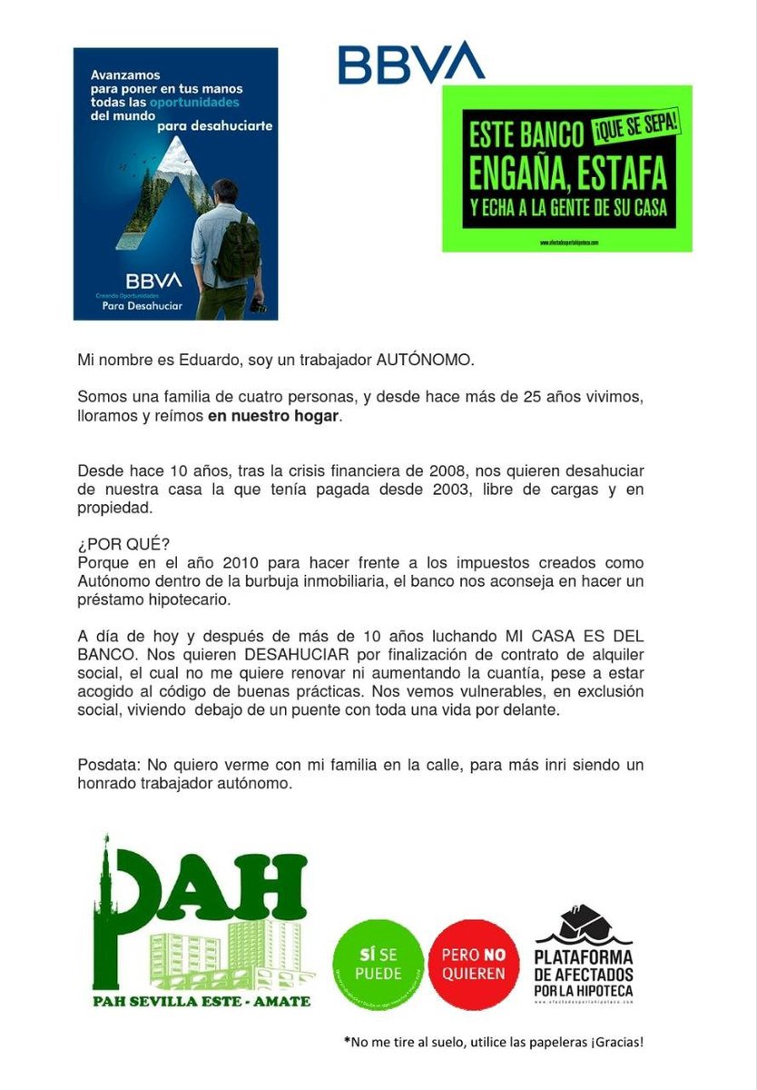 .<a href="/bbva/">BBVA</a> ¿hablamos? como no tenéis la dignidad de contestar a nuestros llamamientos, el próximo lunes día tres estaremos en vuestra sede de Pza Nueva.
Llamamiento a la ciudadanía a participar en la Gran Pitada . #PorUnaViviendaDigna
#EduardoSeQueda #RenovaciónDeAlquiler <a href="/LA_PAH/">Plataforma de Afectadas por la Hipoteca</a>
