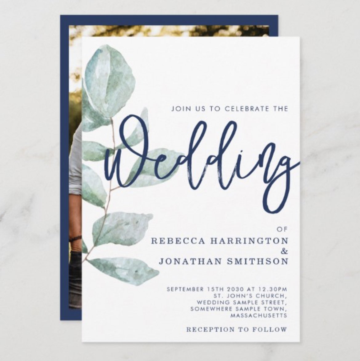 Get these Eucalyptus Navy Blue Photo Wedding Invitations HALF PRICE! Use code ZPAPERSALE23 zazzle.com/z/ear1vlu4?rf=… #weddingideas #invitations #eucalyptus #MHHSBD #zazzlemade #wedding