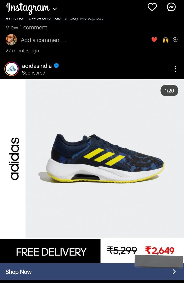 PunkujMishra's tweet photo. #adidas lures you into their website with lower rates in Instagram for the same shoes,look at the prices in both the images . @adidas @adidasoriginals @adidasfootball @adidasrunning @adidasUS @AdidasIndia #adidasOriginals https://t.co/XCKrDnHnvW