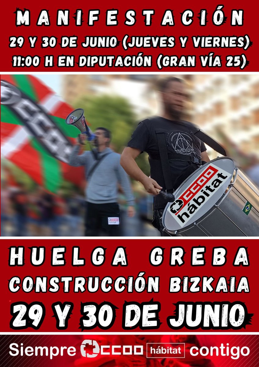 Hoy y mañana huelga en Hostelería y Construcción de Bizkaia‼️

🔥11:00 Mani de Constru desde la Dipu

🔥13:00 kalejira de hostelería desde Ledesma