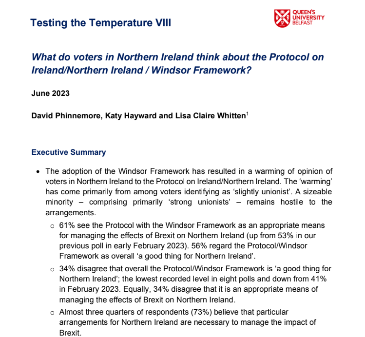 With the Windsor Framework, what do voters in Northern Ireland think about the Protocol on Ireland/Northern Ireland? Out today, latest @PostBrexitGovNI ‘Testing the Temperature’ report on @LucidTalk polling earlier in June. Full report: qub.ac.uk/sites/post-bre… Highlights 👇