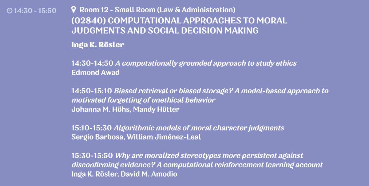 IngaRoesler's tweet photo. Getting ready for #easp2023krk? Come check out our symposium on computational approaches to moral judgments and social decision making (Saturday, 14:30-15:50, Room 12) @EdmondAwad @Johannahoehs @SergioBDLT https://t.co/4fA1LnWC6I