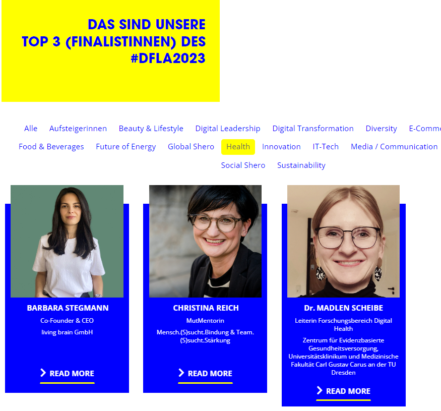 MadlenScheibe's tweet photo. 🤩Was für eine Auszeichnung:
Ich wurde unter die TOP 3
#Digital #female #leader
in d. Kategorie #Health gewählt beim
#Digital #female #leader #award 2023
@dfla_official #DFLA2023
Herzlichen Dank an die Jury für die Wahl!
https://t.co/voT9w5srVN
#shehealth #femaleleadership https://t.co/J8xopO0UCv