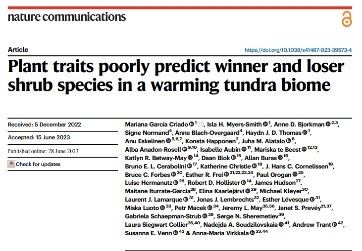 Can functional #traits define #tundra plant responses to #climate change? The answer is in the title of our new paper @NatureComms! 🌱 Plant traits poorly predict winner and loser shrub species in a warming tundra biome doi.org/10.1038/s41467… 🧵 (1/7) @GeosciencesEd @TeamShrub