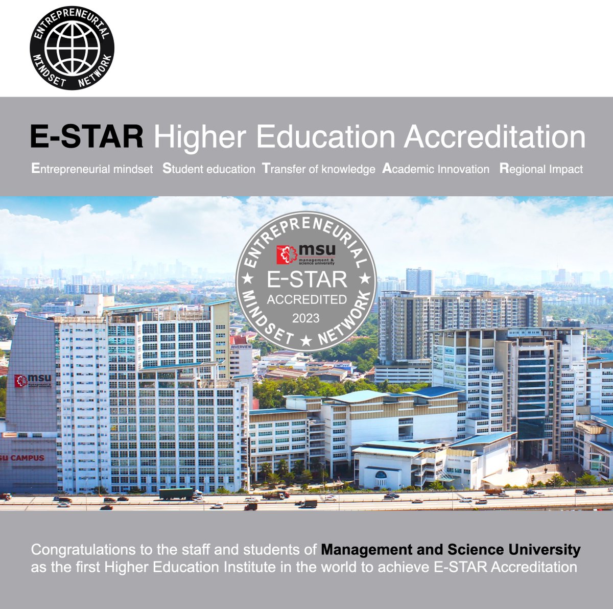 E-STAR Accreditation rewards Higher Education Institutions for their commitment to using the [E]ntrepreneurial mindset in [S]tudent education, [T]ransfer of knowledge, [A]cademic innovation and [R]egional impact. entrepreneurial-mindset.network/showcase/e-star