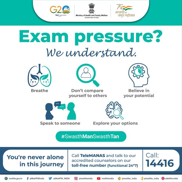 Reach out to #TeleMANAS toll free helpline for counselling service to address exam pressure causing mental health issues.

 #ExamSupport #MentalHealthMatters #SwasthManSwasthTan