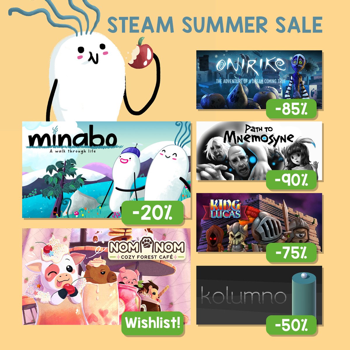 The Steam Summer Sale is here and we have amazing discounts on all our games! 

&gt;&gt;&gt; store.steampowered.com/publisher/Devi…

#steamsummersale #indiegames #minabo #onirike #pathtomnemosyne #kolumno #kinglucas #videogames #steam