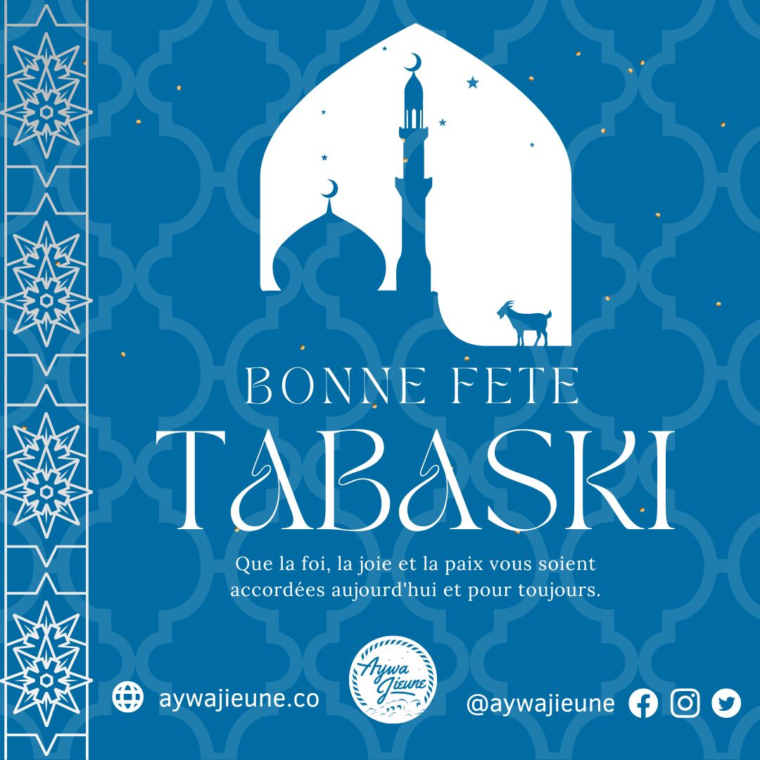 #Aywajieune vous souhaite une #BonneFêteDeTabaski. Que la foi, la joie et la paix vous soient accordées aujourd'hui et pour toujours. #Dewanaty!

#Tabaski2023 #AïdAlAdha #FêteDuMouton #EidMubarak #JoyeuseTabaski