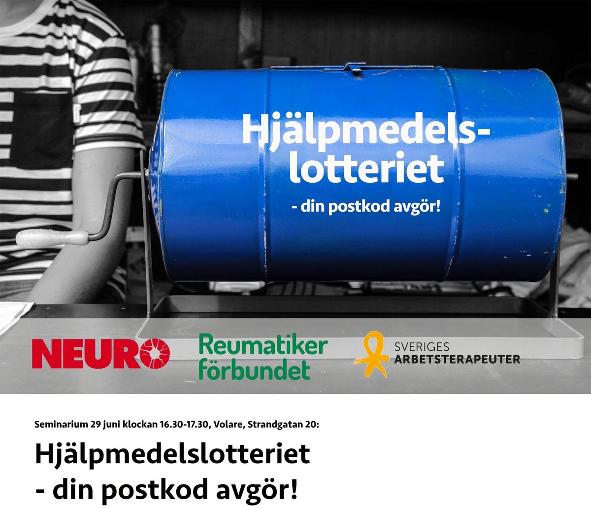 Tillgången till hjälpmedel och avgiften för dem varierar stort. Det är omotiverade skillnader som skapar ojämlikhet i både hälsa och andra livsvillkor.
Neuroförbundets ordförande Lise Lidbäck medverkar tillsammans med flera andra
Adress: Volare, Strandgatan 20, kl 16:30 - 17:30.