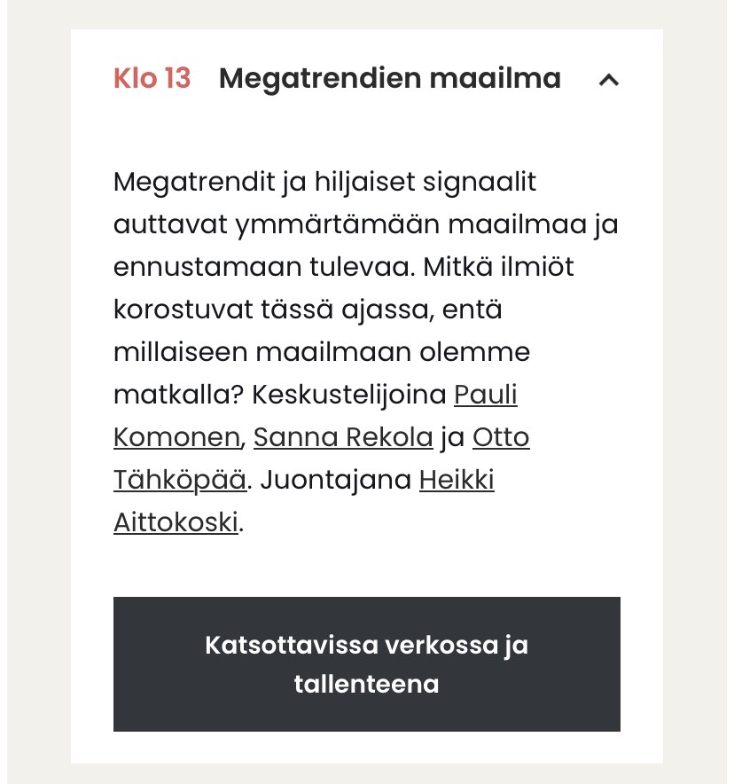 #Megatrendi’en maailmaan matkataan elokuussa #Tietokirjafestivaali’lla yhdessä <a href="/paulikomonen/">Pauli Komonen</a>, <a href="/sannarekola/">Sanna Rekola</a> ja <a href="/HeikkiAitto/">Heikki Aittokoski</a> kanssa. 

Tervetuloa seuraamaan keskustelua paikanpäälle tai verkossa 🚀

🗓️ 31.8.2023
🕐 13.00-13.45
📍Tieteiden talo
👩‍💻 Striimi

tietokirjafestivaali.fi/ohjelma/