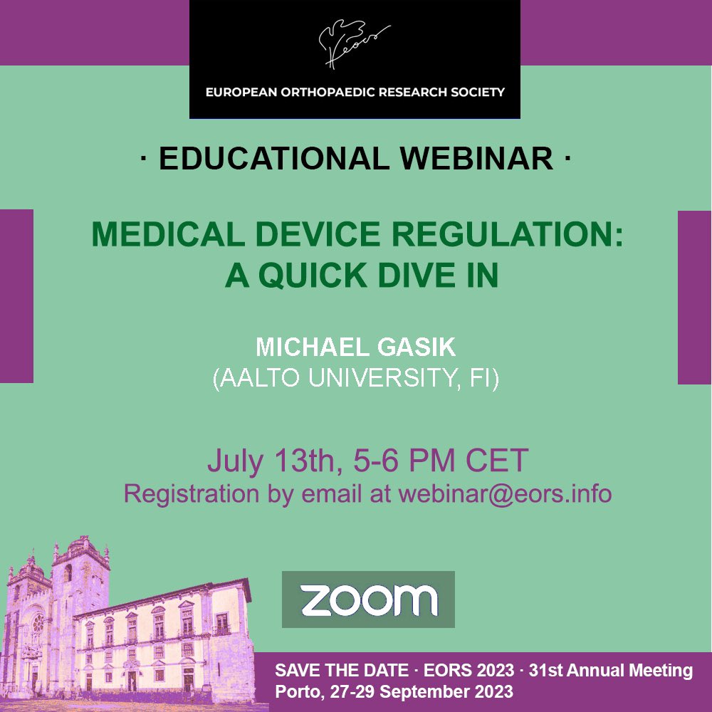 Next @EORS_Society webinar on “Medical device regulation” presented by Michael Gasik (Aalto University, Finland) takes place on 13/7 @ 5pm CET. Register name/affiliation to webinar@eors.info. #medicaldeviceregulation #orthopaedics