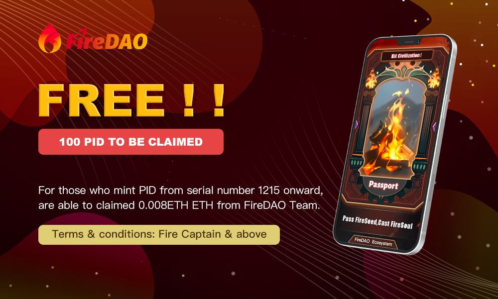 Special Reimbursement Event

100 PID starting from serial number 1215 onwards can now claim from FireDAO team. Mint it now and claim it at Zealy.

How to claim:
1️⃣ Mint your PID: Visit our official website at app.firedao.co/MintPassport and mint your PID. Make sure your PID series…