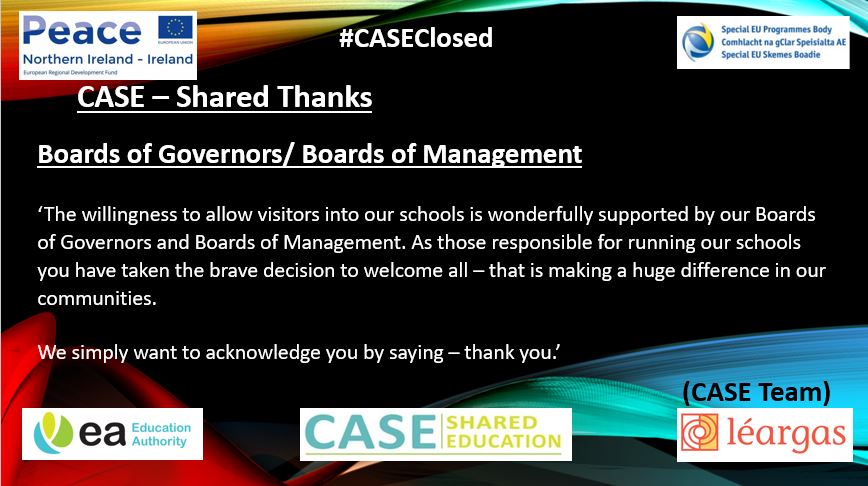 CASE - Shared Thanks

#CASEClosed

#SharedEd

<a href="/SEUPB/">SEUPB</a>
<a href="/Ed_Authority/">Education Authority</a>
<a href="/Leargas/">Léargas</a>