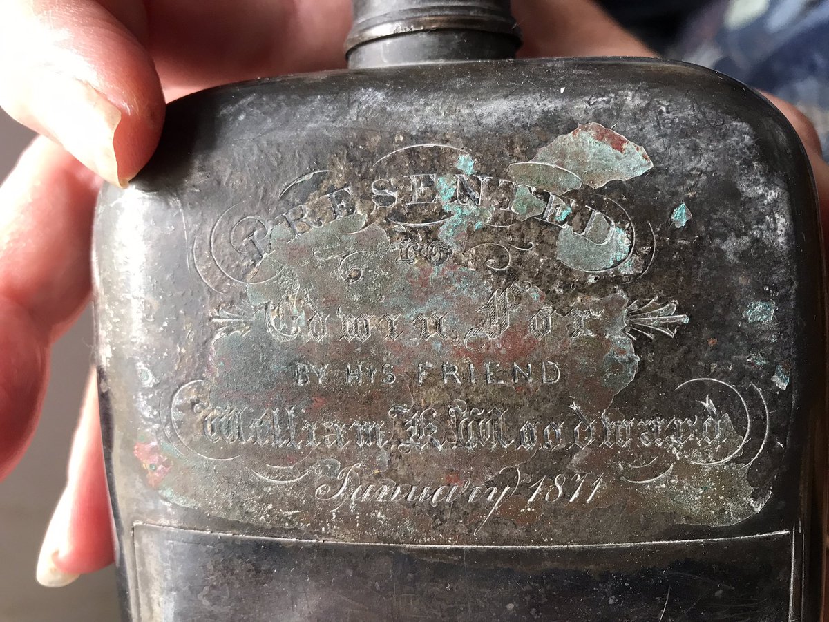 So, under the floorboards while renovating their house a friend found an unusual silver plate 19th combination flask/sandwich box. You’ve gotta love those inventive Victorians! Now I’m way down a rabbit hole researching the names in the inscription. #FamilyHistory #HouseHistory