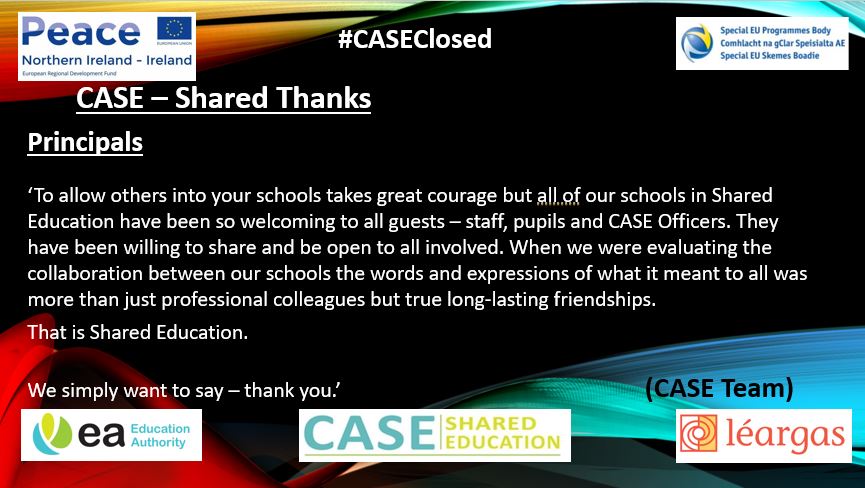 CASE - Shared Thanks

#CASEClosed

#SharedEd

<a href="/SEUPB/">SEUPB</a>
<a href="/Ed_Authority/">Education Authority</a>
<a href="/Leargas/">Léargas</a>