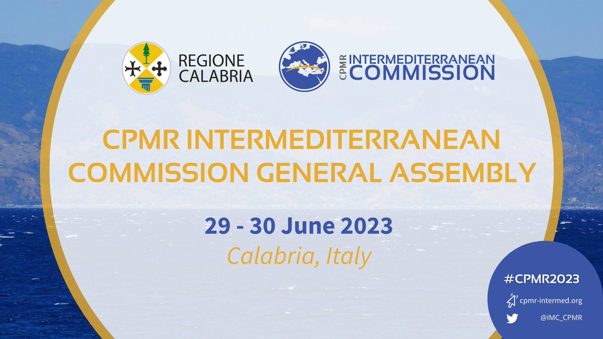 CPMR Inter-Mediterranean Commission (@imc_cpmr) on Twitter photo 📣<a href="/IMC_CPMR/">CPMR Inter-Mediterranean Commission</a> General Assembly | 29 & 30 June, #Med regions gathered in Calabria
Today
🚢WG on Transport & Integrated Maritime Policy
📑WG on Macroregional Strategies & Territorial Coop
👭<a href="/MedYouthCouncil/">Mediterranean Youth Council</a>
Tomorrow
🌊#SustainableBlueEconomy Seminar
👥GA & Election new Presidency 📣<a href="/IMC_CPMR/">CPMR Inter-Mediterranean Commission</a> General Assembly | 29 & 30 June, #Med regions gathered in Calabria
Today
🚢WG on Transport & Integrated Maritime Policy
📑WG on Macroregional Strategies & Territorial Coop
👭<a href="/MedYouthCouncil/">Mediterranean Youth Council</a>
Tomorrow
🌊#SustainableBlueEconomy Seminar
👥GA & Election new Presidency