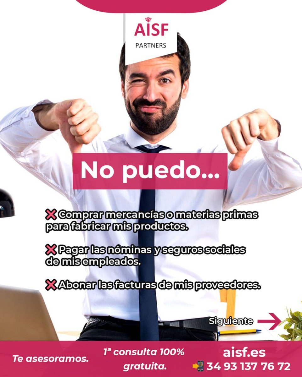 AisfPartners's tweet photo. ❌No puedo… 

👉Comprar mercancías o materias primas para fabricar mis productos.
👉Pagar las nóminas y seguros sociales de mis empleados.
👉Abonar las facturas de mis proveedores. https://t.co/JxDKEYBuZ6