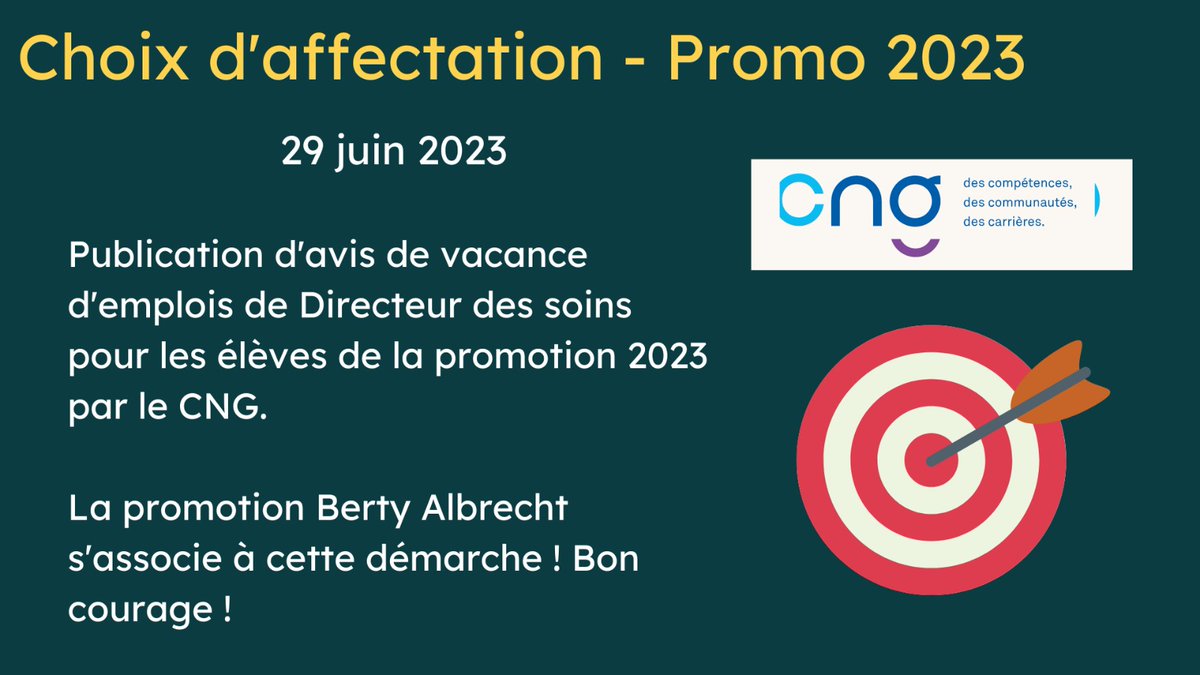 [📝 Publication de postes 📝]
Force et courage pour les élèves directeurs des soins de la promotion 2023 avec la publication aujourd'hui des postes à pourvoir à la sortie de la formation. 
Keep Calm and carry on ! 👍🏻