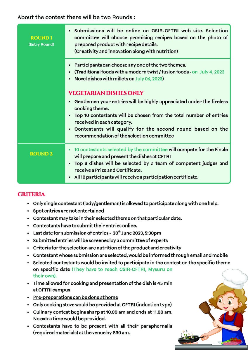 csircftri's tweet photo. On the occasion of OWOL program, @csircftri organizing a 'Culinary Contest' on 4th & 6th July 23 with themes Traditional foods with a modern twist/fusion foods and Novel dishes with Millets. This contest is open to all. @CSIR_IND #csir_oneweekonelab
#celebratingfoodresearch https://t.co/BVx0HGyyZs
