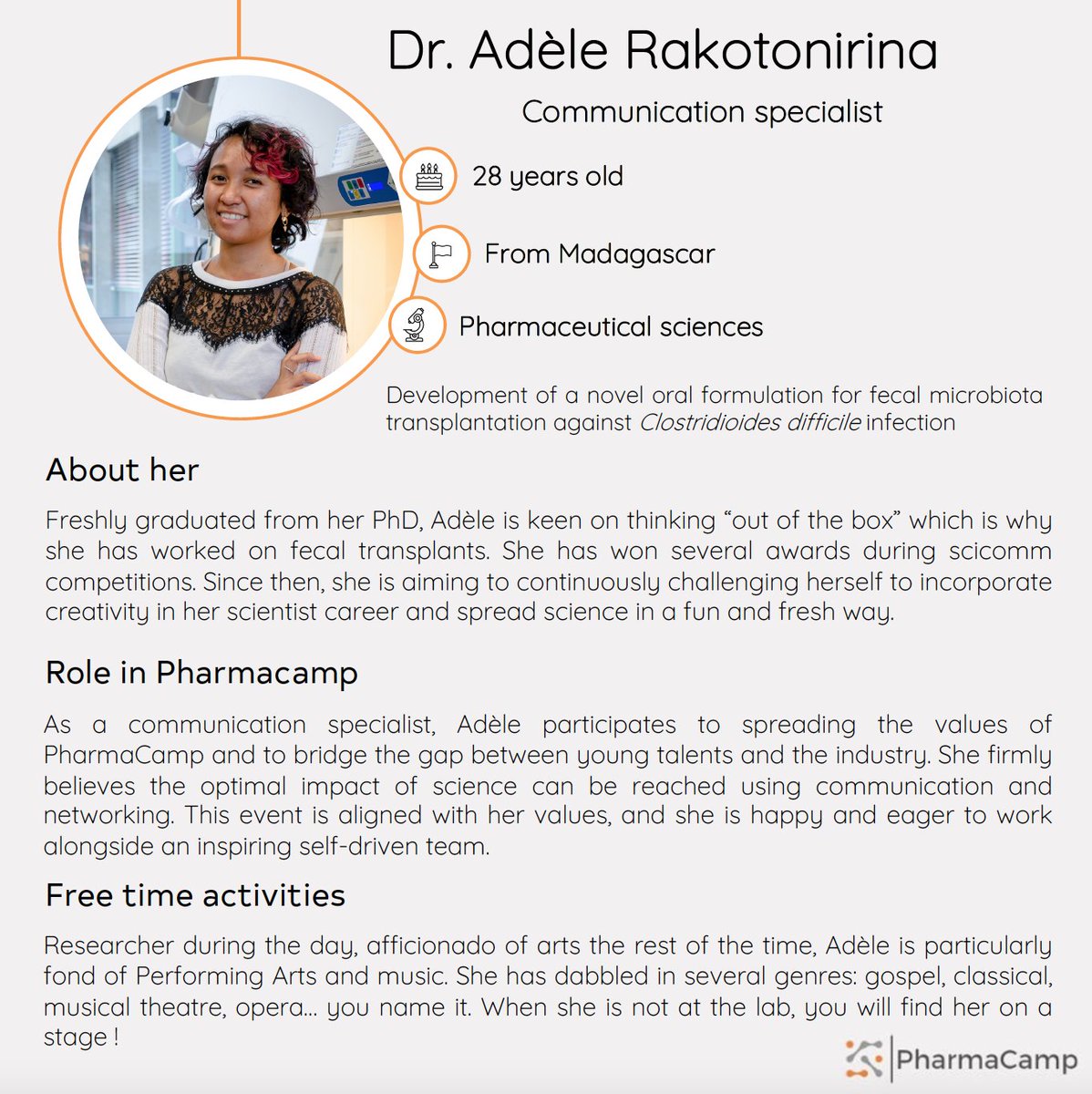 Pharmacamp 2023 will take place in Bern in September. Meet the organising team ! Last on is Adèle Rakotonirina, communication specialist at #pharmacamp and freshly graduated from her PhD in pharmaceutical sciences ! #pharmacamp #drugdiscovery #precisionmedicine #digitalisation