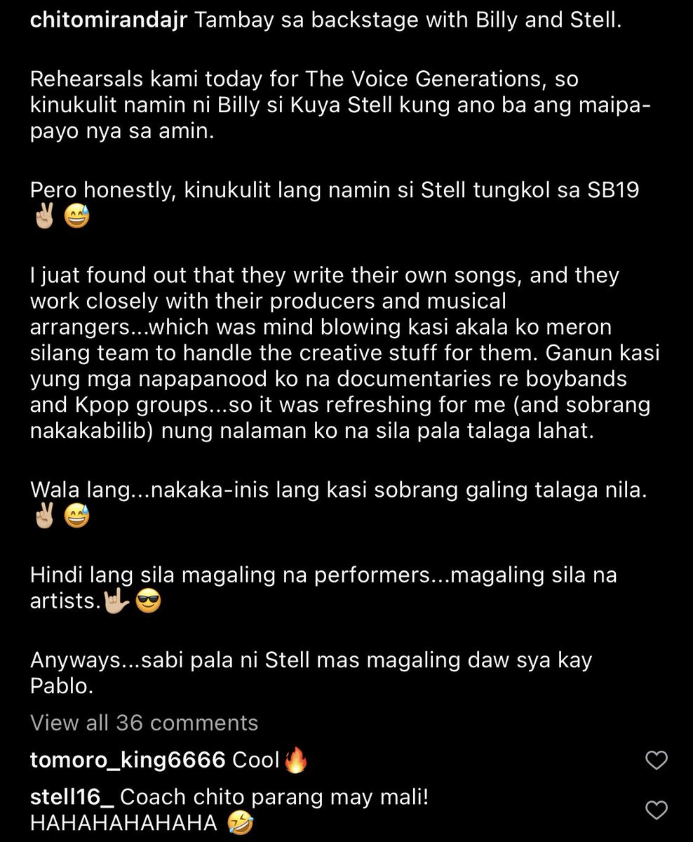 sir chito miranda’s recent ig post with this caption 👌🏻 

grabe i can feel his amazement towards @SB19Official si sir chito na ‘to ha pero he throws genuine praises to them nakaka-proud ang boys 🥹 stanning the right group talaga 🫶🏻

#SB19PAGTATAG