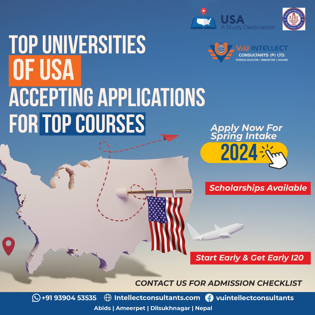 📲Call us at +91 9390 453535 
📩 Email us at info@intellectconsultants.com 
#studyinusa #studyabroad #intake2024 #spring2024 #evaluation #experts #interactivesession #scholarship #UniversitiesinUSA #StudyInAmerica #highereducation #vuintellectconsultantshyd