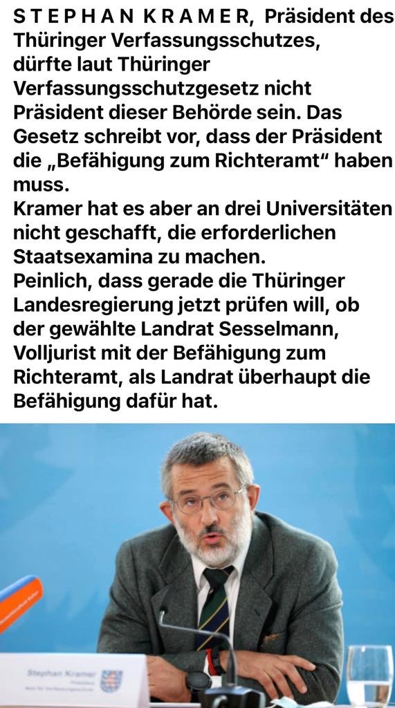 Wer im Glashaus sitzt, sollte nicht mit  Steinen werfen. Der Chef der Thüringer Schlapphüte, Kramer, erfüllt offenbar nicht die gesetzliche Voraussetzung zur Ausübung dieses Amtes. Kein abgeschlossenes rechtswissenschaftliches Studium! #Sonneberg #Sesselmann