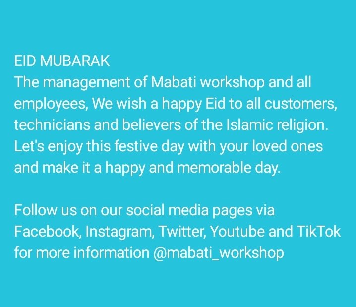 Beatus_Karau's tweet photo. EID MUBARAK
The management of MABATI WORKSHOP and all employees, We wish a happy Eid to all customers, technicians and believers of the Islamic religion. Let's enjoy this festive day with your loved ones and make it a happy and memorable day.
Follow us on our social media pages https://t.co/d4zGeaIISV