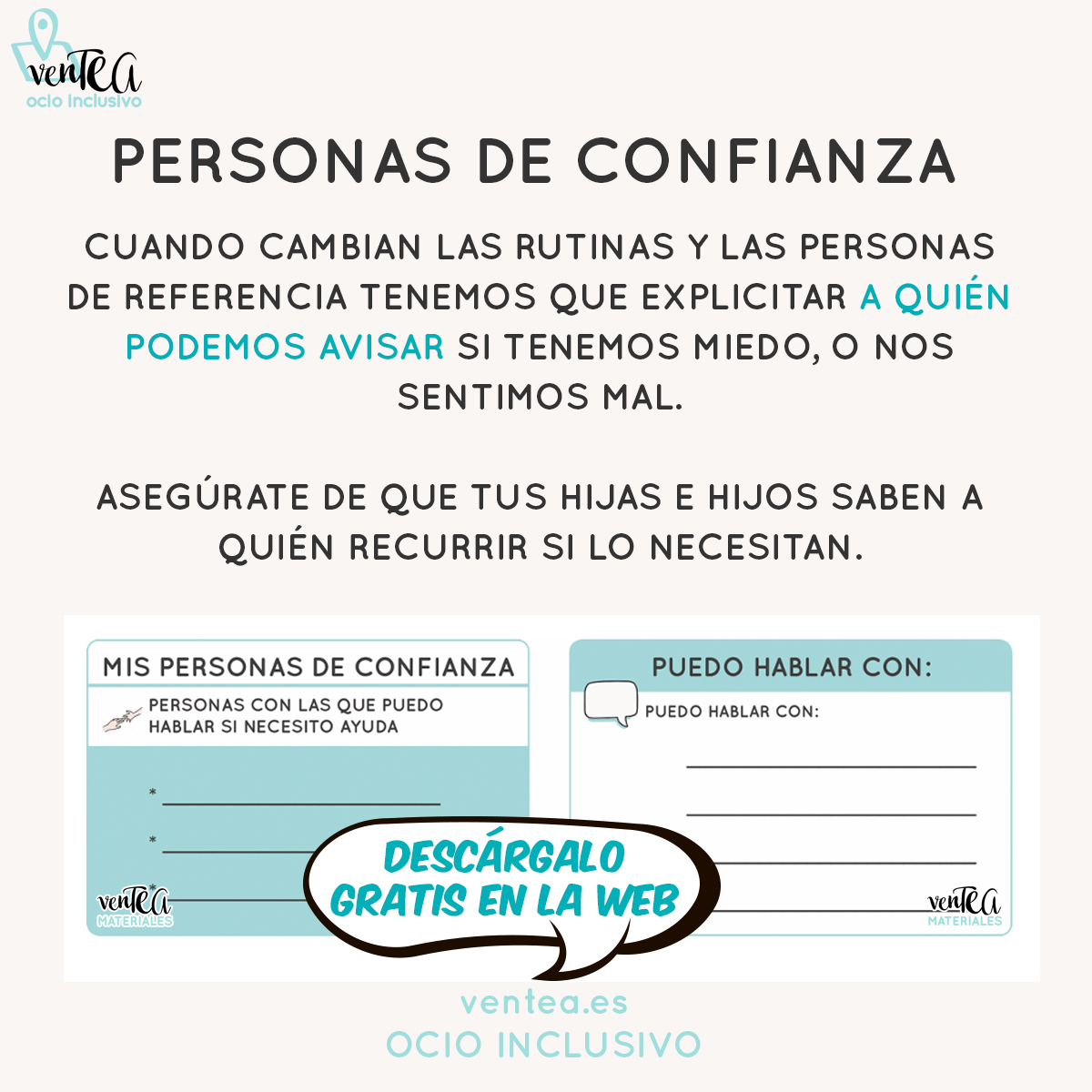 venTEAdisfrutar's tweet photo. El colectivo autista es especialmente vulnerable en algunas situaciones sociales. ¿Saben tus hijas e hijos a quién  recurrir si lo necesitan? Imprime y rellena estas tarjetas. Un apoyo visual SIEMPRE está bien. https://t.co/p38LUnWLVh

#tea #cea #apoyosvisuales https://t.co/4nOaP5GZnc