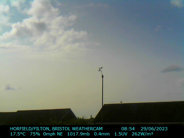 #bristol #weather 08:55 29/6/2023, sunny/dry/comfortable, T:17.5C, W:6mph(NNE), B:1017.9mb(Steady), H:75pct, R:0.4mm