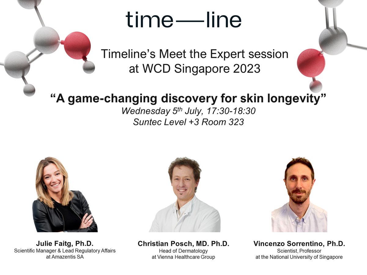 We are excited to host a 'Meet the Expert' where Dr @PoschChristian, @Vinz_Sorrentino Ph.D. & @JuFaitg Ph.D. will discuss how to Tackle skin longevity. Join us on July 5th between 4:30 PM - 5:30 PM at Suntec Level +3 Room 323. #WCD2023Singapore #SkinHealth #SkinLongevity