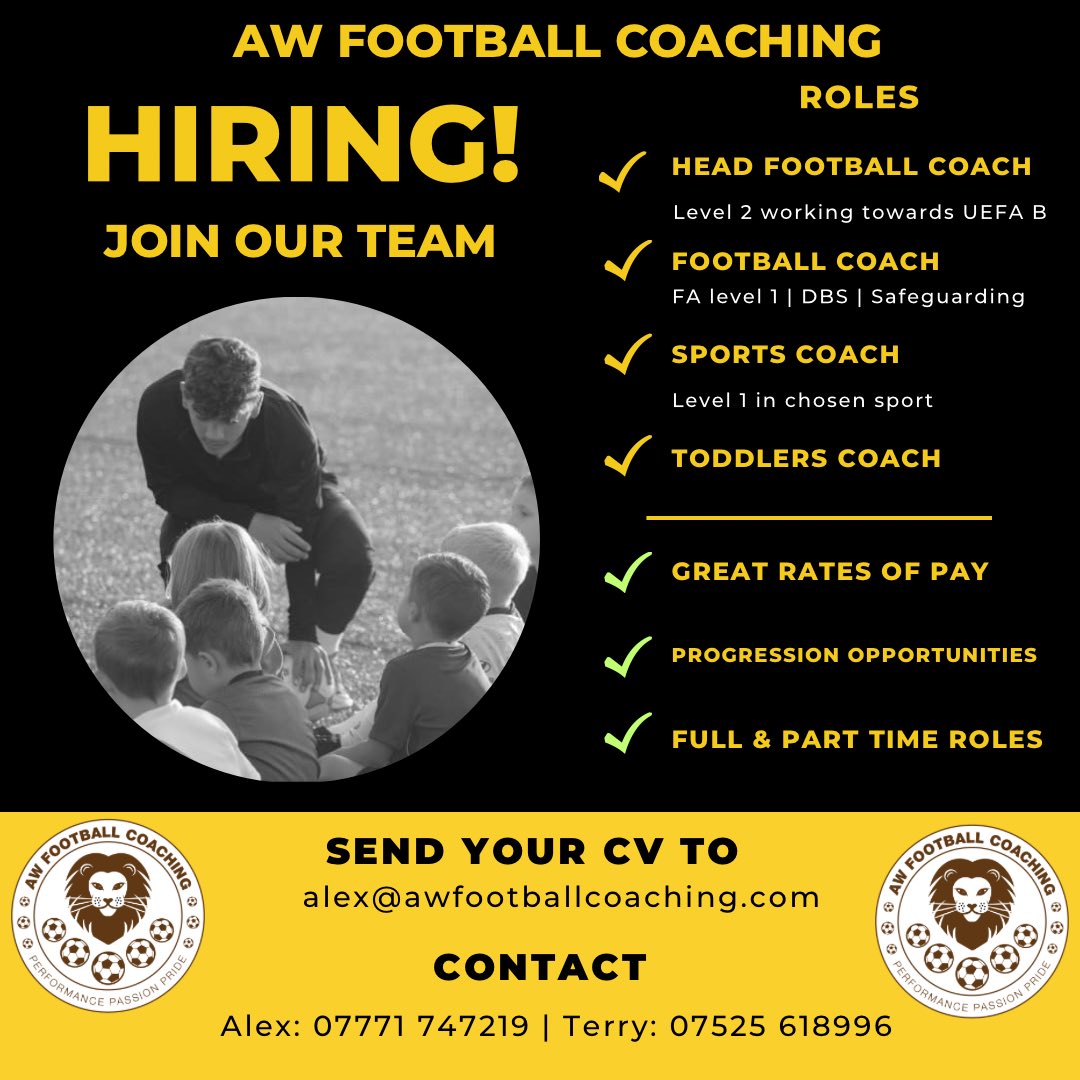 🔺COACHES WANTED‼️

We are looking for coaches to join our expanding company.

Send your CV  to alex@awfootballcoaching.com

#share #jobs #footballjobs #coachingcourses #grassrootsfootball

@Hawkeys_Sports @AWfootballcoach @CArrows_1981 @OfficialWands