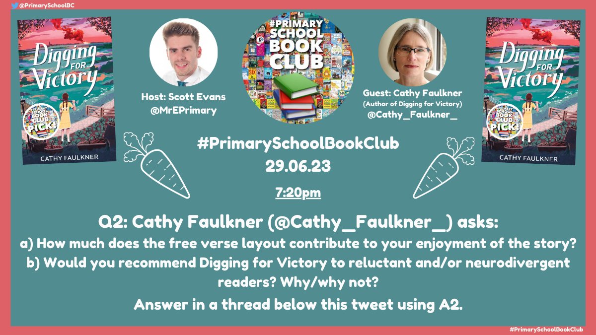 PrimarySchoolBC's tweet photo. Q2 (7:20pm): @Cathy_Faulkner_ asks: a) How does free verse layout contribute to your enjoyment?
b) Would you recommend DfV to reluctant/neurodivergent readers? 

Answer below in thread using A2.

#DiggingForVictory🥕
@FireflyPress

Use #PrimarySchoolBookClub📚 so tweets are seen! https://t.co/KBiEg1X93g