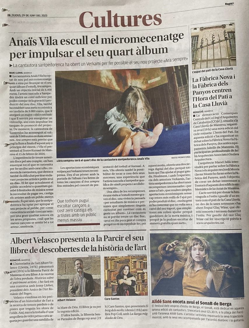 anaisvila's tweet photo. Avui el @diariRegio7 parla de la campanya de micromecenatge del meu proper disc! ❤️

https://t.co/u0iF5KyR9M https://t.co/opNlxcmCJw
