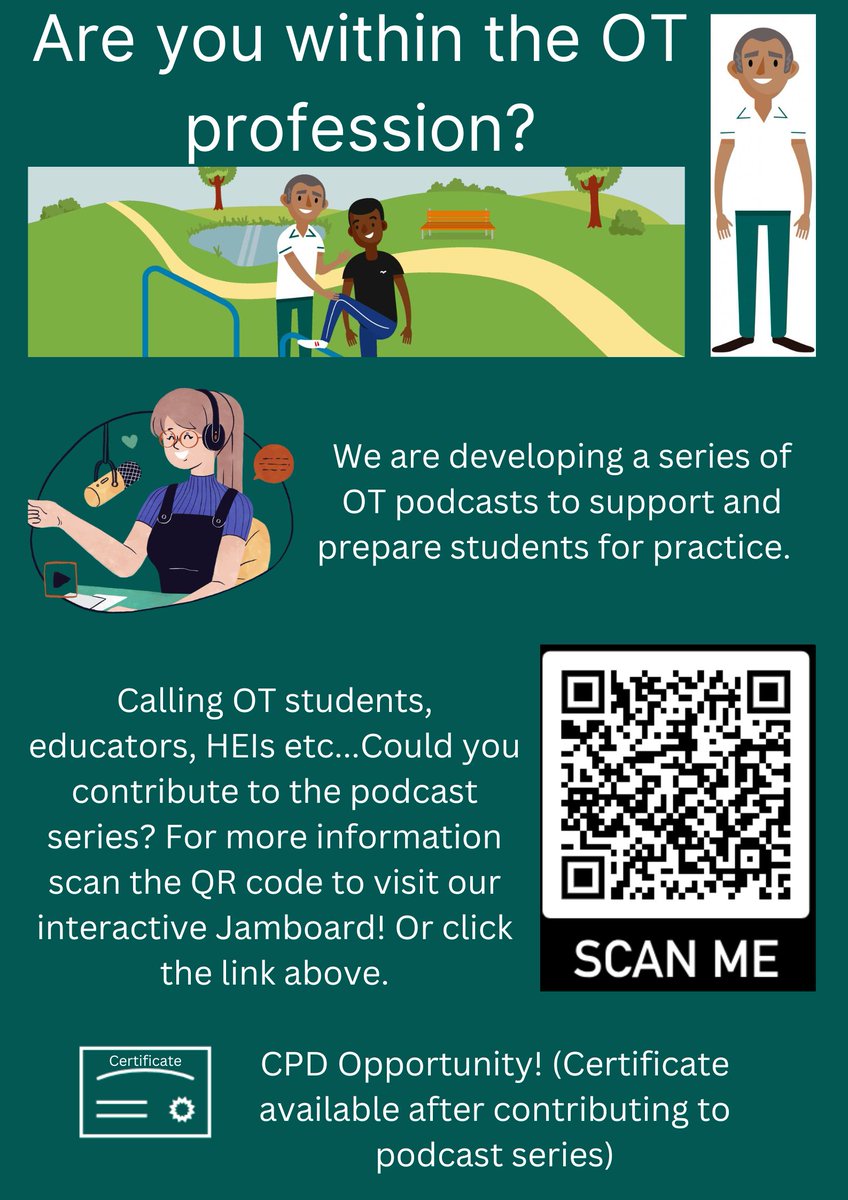 Calling all Cheshire and Merseyside #OccupationalTherapy students, educators, and HEIs! Join us to create a podcast series to support OT students for clinical practice. Share your experiences on our Jamboard to volunteer! (CPD opportunity) 
jamboard.google.com/d/1PsGTgXXAGtw…