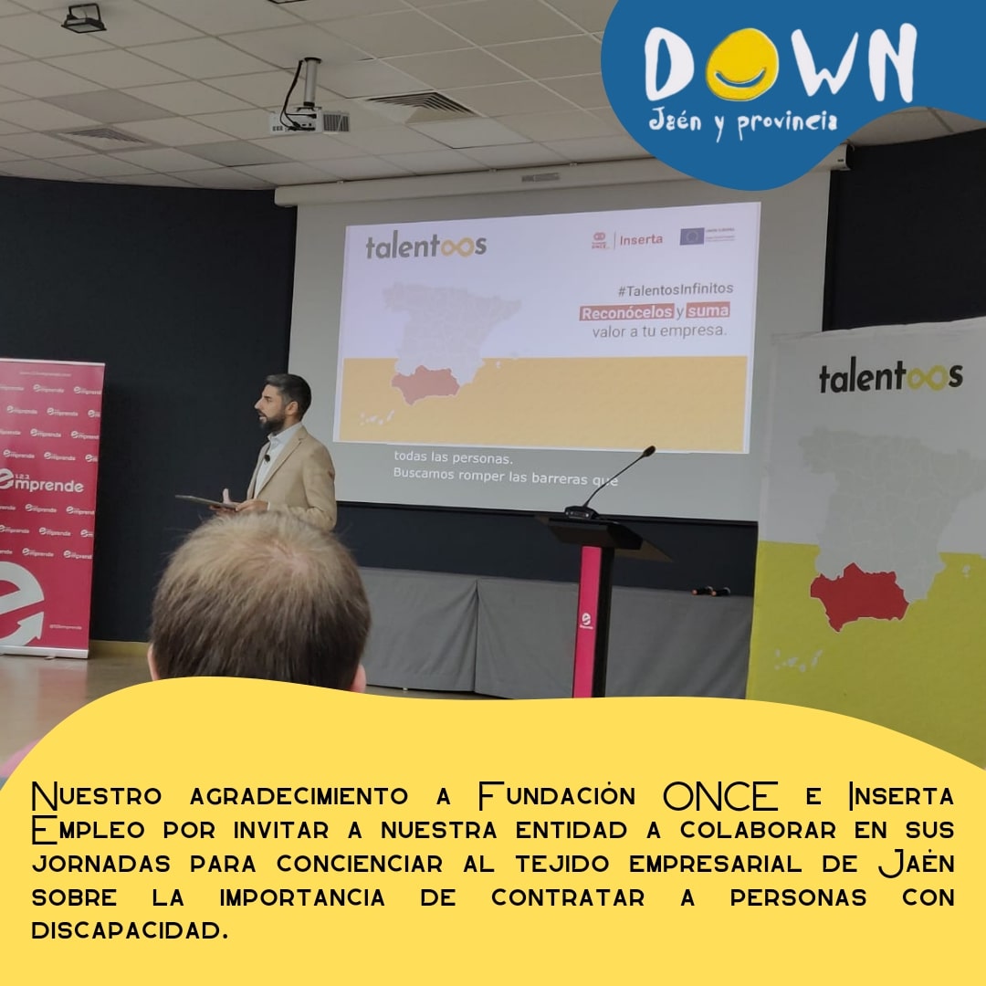 Nuestro agradecimiento a Fundación ONCE e Inserta Empleo por invitar a nuestra entidad a colaborar en sus jornadas para concienciar al tejido empresarial de Jaén sobre la importancia de contratar a personas con discapacidad.

#TalentosInfinitos
<a href="/Fundacion_ONCE/">Fundación ONCE</a>
<a href="/portalento_/">Por Talento</a>
