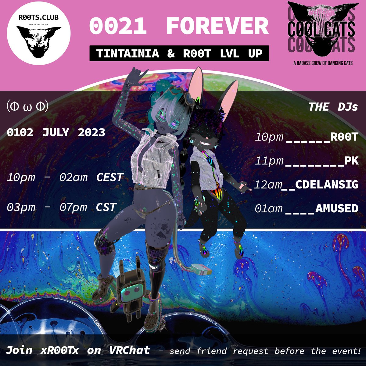 Come celebrate a double #c00lcat bday with us this Saturday, July 1st from 10 pm CEST. 4 hours 4 DJs and lots of dancing with the c00l cats crew! Join xR00Tx on #vrc #21forever