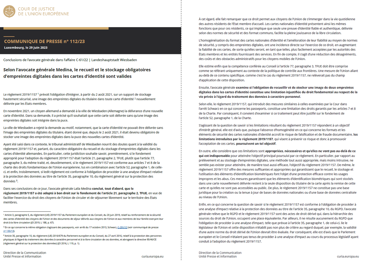 Selon l’avocate générale de la CJUE, "le recueil et le stockage obligatoires d’empreintes digitales dans les cartes d’identité sont valides"