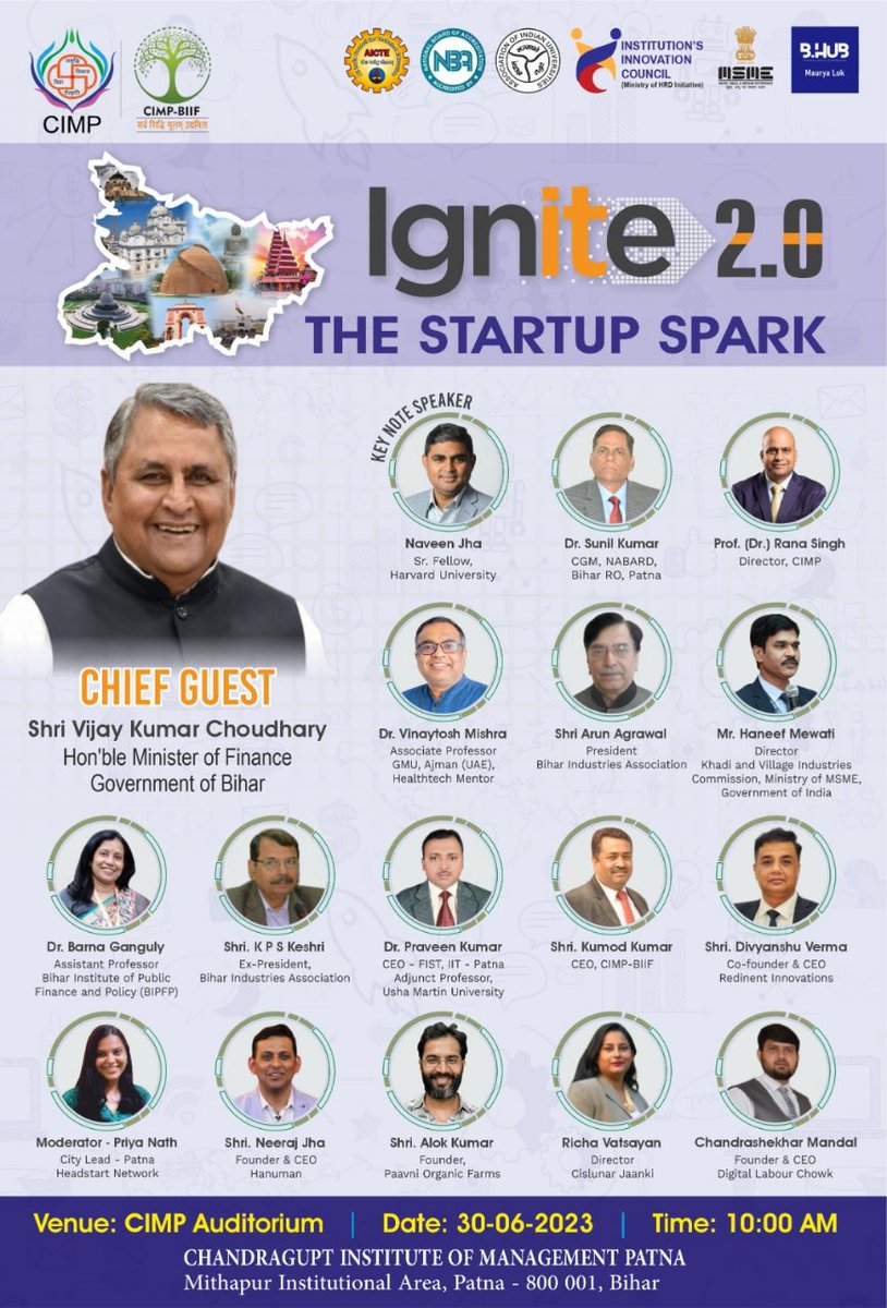 cimp.ac.in
We are thrilled to extend a warm invitation to you for IGNITE 2.0, a spectacular event highlighting the pivotal role of startups in driving Bihar's economic growth and development. 

📅 Date: 30th June 2023
⏰ Time: 10 am to 2 pm
🏢 Venue: CIMP Auditorium
