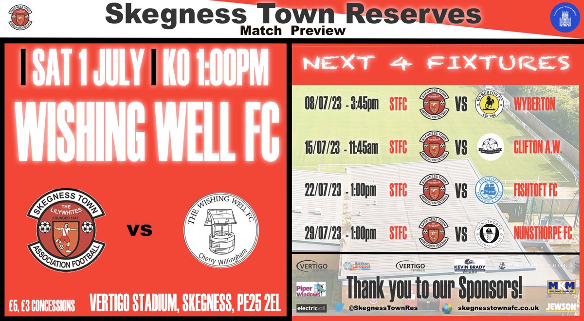 Don't forget we start our 23/24 Pre-Season this Saturday as we kick off with:

⚽ <a href="/WishingWellFC/">Wishing Well FC</a> 
🏟️ Vertigo Stadium, Skegness, PE25 2EL
🏆 Pre-Season
📅 1 July
⏰ 1:00pm
💷 £5/£3
#COST 🔴 ⚪ 
Get behind your local team!
<a href="/SkegStandard/">Skegness Standard</a> <a href="/SkegnessBuzz/">Skegness Buzz</a> <a href="/NonLeagueCrowd/">Non League Crowds</a> <a href="/lincsleague/">Lincs League</a>