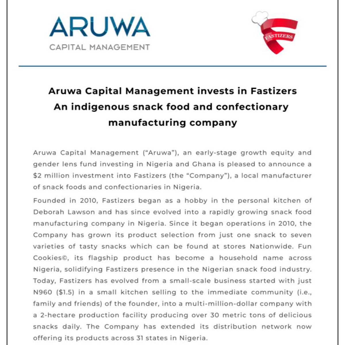 AruwaCapital's tweet photo. Aruwa Capital management is thrilled to announce our $2 million investment into @fastizers a female founded and indigenous local manufacturer of snack foods and confectionaries in Nigeria.
#AruwaCapital #Fastizers #LocalBusiness #SnackFoodIndustry #EconomicGrowth https://t.co/Es1UiN0Z6B