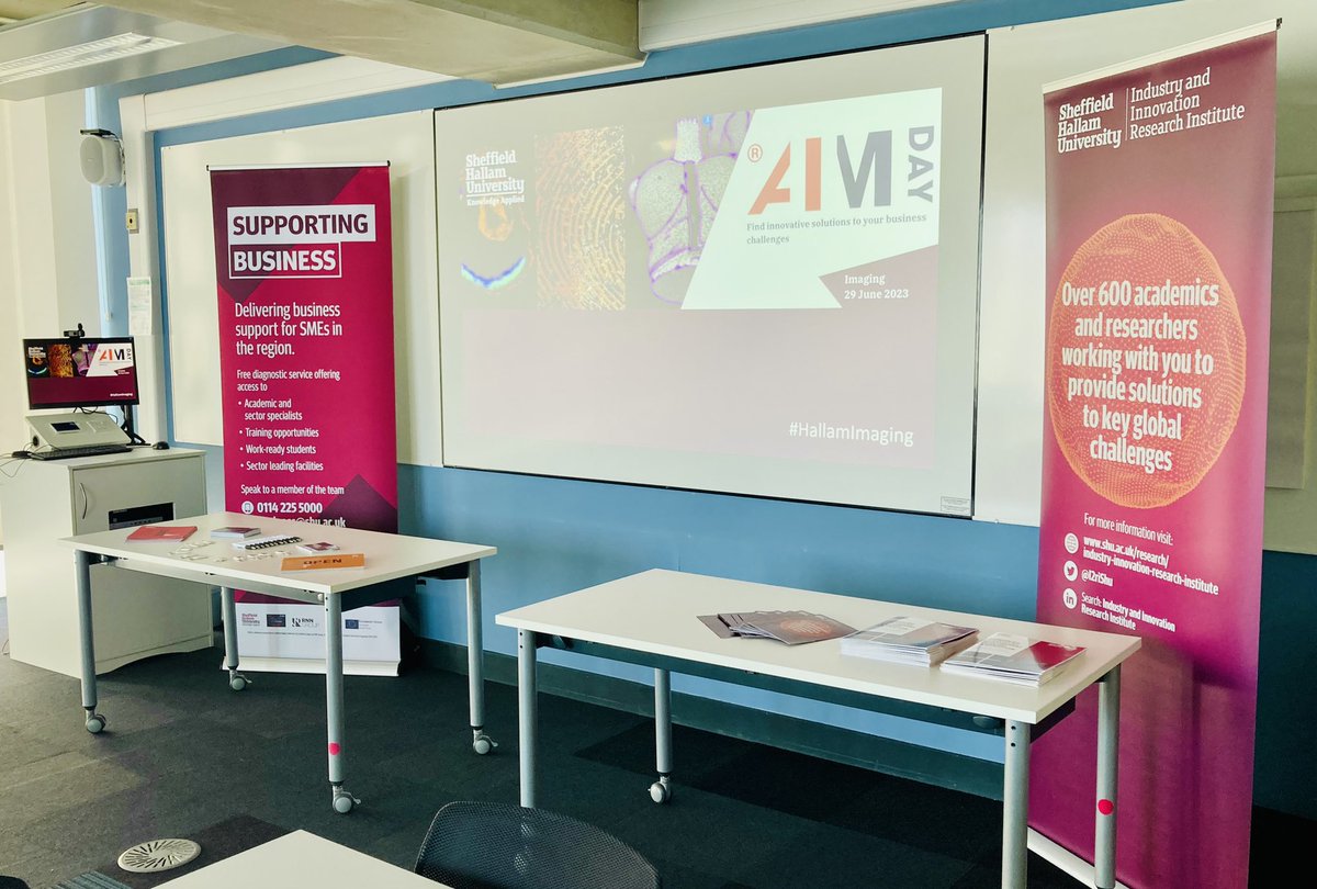 All set up and ready to welcome the attendees of todays AIMDay Imaging. Really looking forward to an exciting day which I hope will lead to some fruitful collaborations. #hallamimaging @I2riShu @BMRC_News @MERI_shu @HallamHRI @SHU4Business @HallamBTE @sheffhallamuni